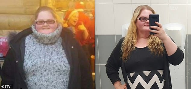 Incredible: During the interview, Emma insisted that she hasn't had a gastric band fitted and has lost the weight all by herself with a healthy diet over the last three years (pictured before, left, and now, right)