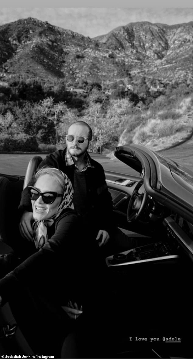 Chic: Her friend Jedadiah Jenkins also shared this lovely picture which saw them on a drive together, with Adele wearing a headscarf and sunglasses