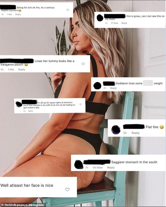 Sarah Nicole Landry, from Ontario, Canada, has revealed some of the vicious hate (pictured above on an image of the mother-of-three) she receives when sharing unedited snaps online of her cellulite and stretch marks