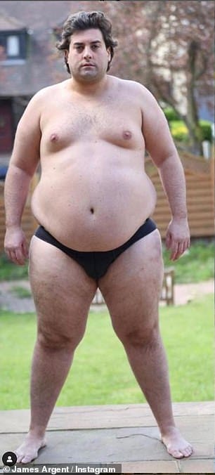 Before: The TV personality revealed that he struggled with binge eating for years - once tipping the scales at 27stone, before having a gastric sleeve fitted and has since lost 14stone and hopes to gain a stone (pictured in 2020)