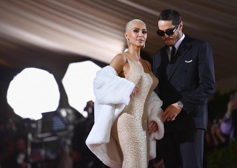 US socialite Kim Kardashian and comedian Pete Davidson arrive for the 2022 Met Gala at the Metropolitan Museum of Art on May 2, 2022, in New York. - The Gala raises money for the Metropolitan Museum of Art's Costume Institute. The Gala's 2022 theme is