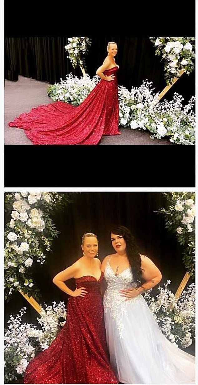 Glamorous: The 44-year-old stunned in a sparkling strapless red gown with a plunging neckline at a bridal expo