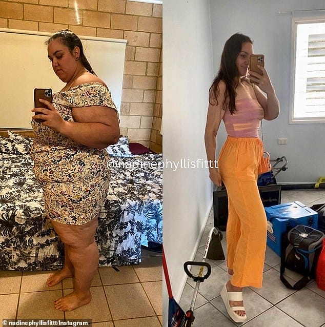 Before and after: Air hostess Nadine has won thousands of fans online after sharing how she went from a size 28 to a 10 after losing a whopping 100kg